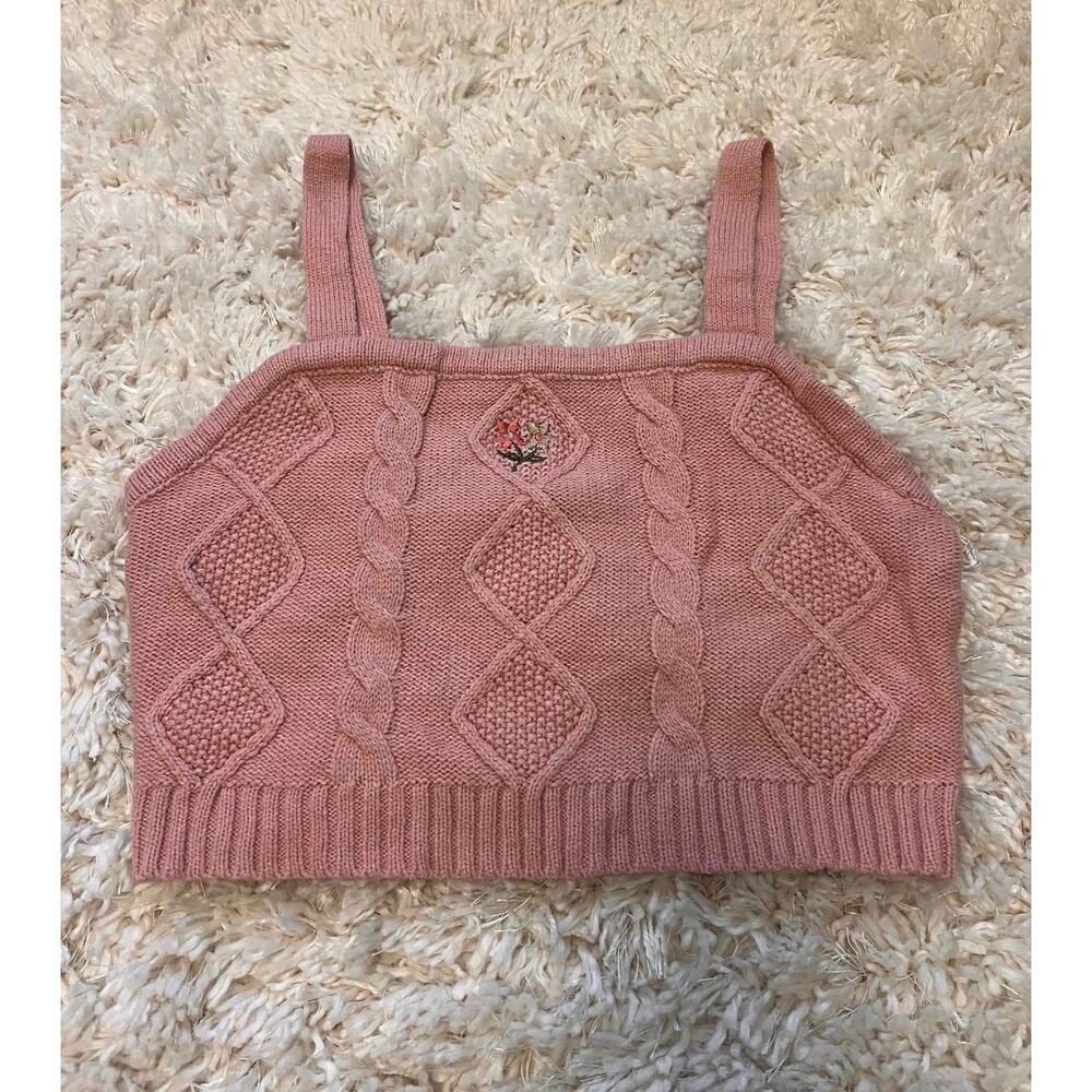 Soft Pink Rose Almost Famous Cable Knit Flower Embroidery Cropped Tank Y2K Med